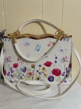 Floral Print White Top-Handle Shoulder Bag